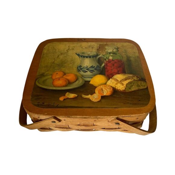 Vintage Picnic Basket w/ Beautiful Still Life Print on Cover 14" W x 11"D x 5" H - Picture 1 of 10